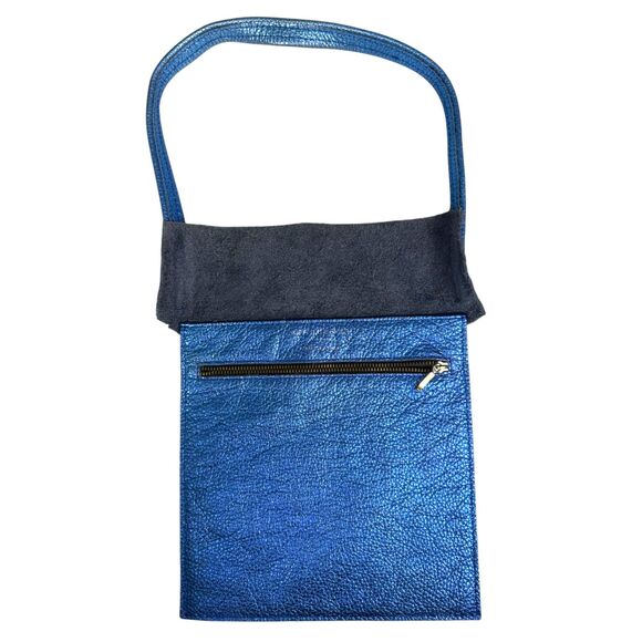 Kurt Geiger Blue Metallic Quirky Pebbled Leather Suede Shoulder Purse Handbag - Picture 2 of 8